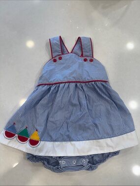 Shrimp & Grits Kids Blue & White Striped Dress with Red Piping